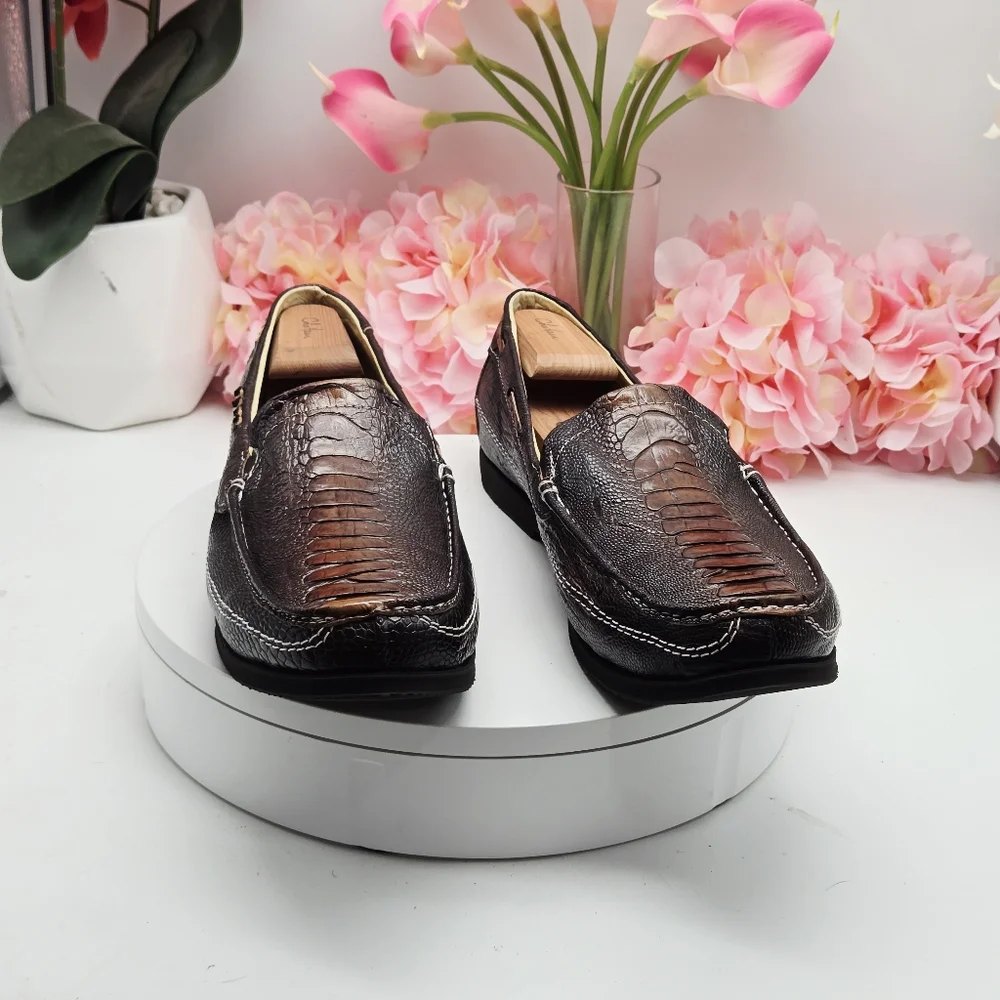 Men’s Ostrich Leather Slip-On Loafers – Size 12 – Brown – Veal Leather Lining